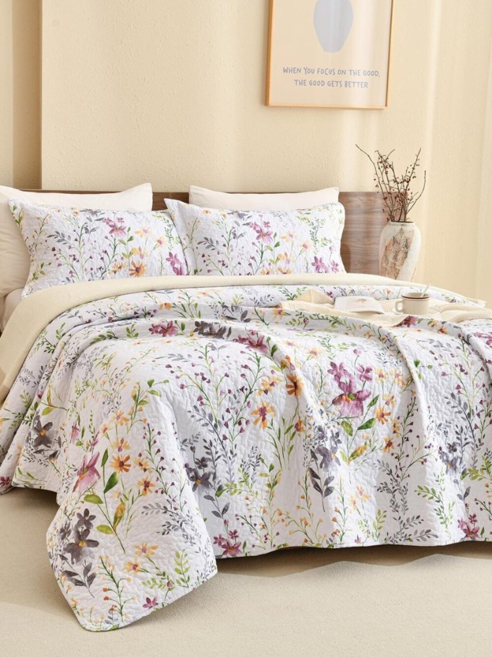 3Pcs Floral Quilt Oversized Queen Size (102"x118") -100% Cotton Quilt Oversized